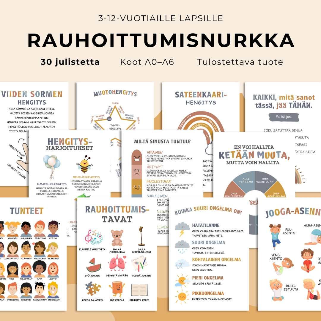 "Rauhoittumisnurkka" 30 julistetta lapsen tunnetaitojen kehittämiseen